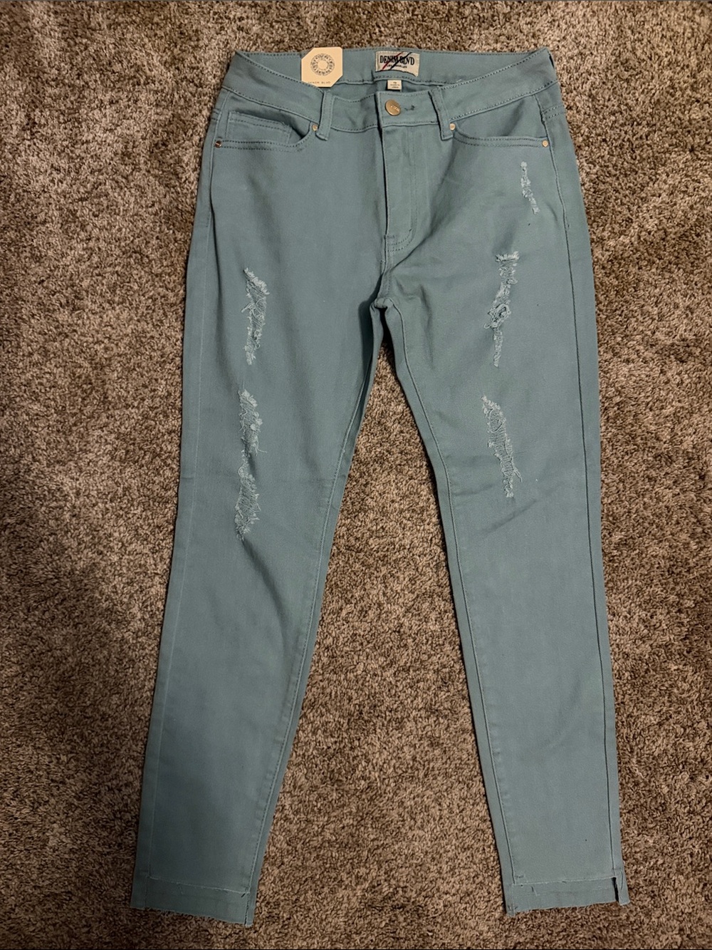 Women’s Skinny Distressed Jeans in Dusty Teal -